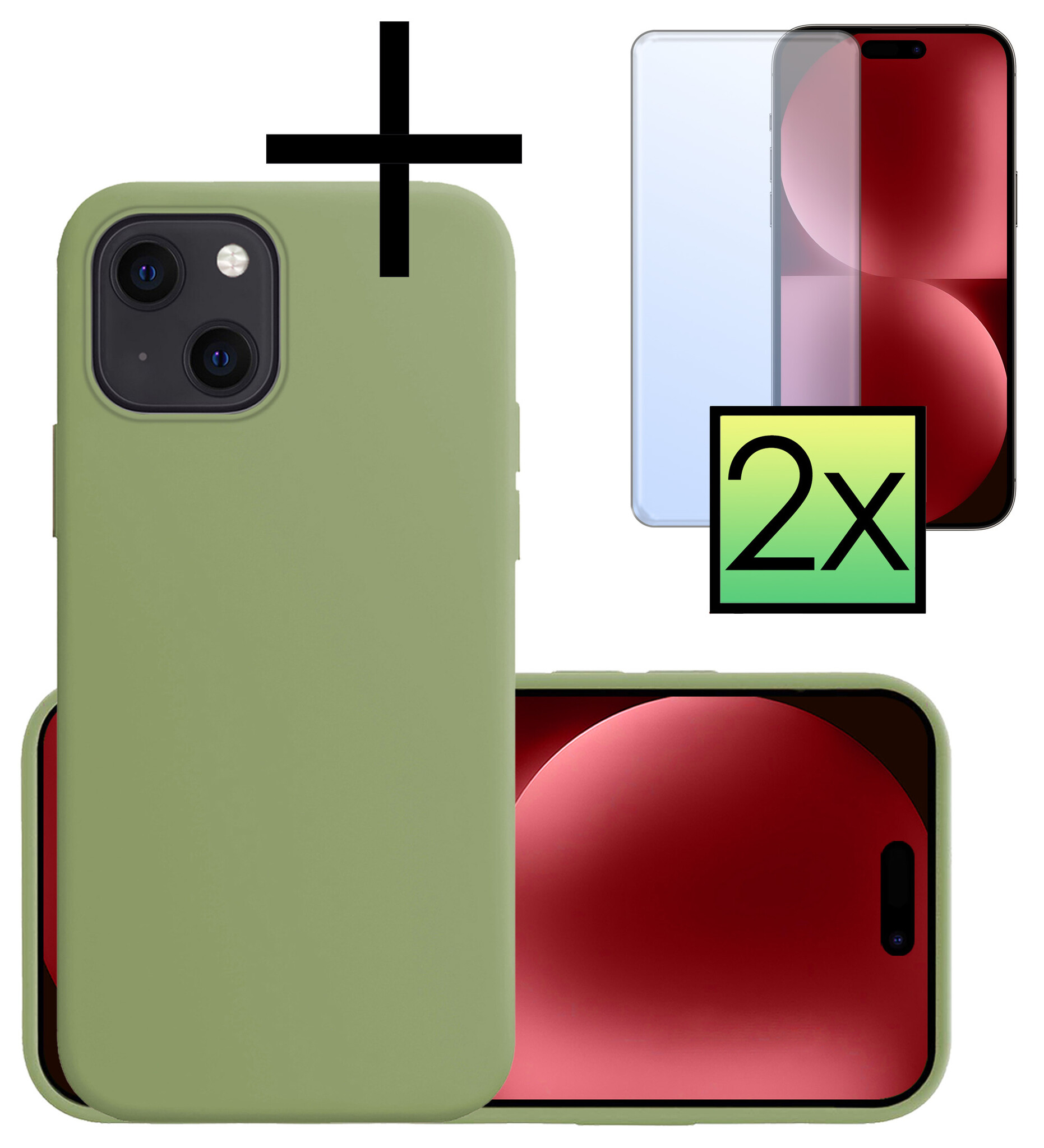 NoXx Hoes Geschikt voor iPhone 15 Hoesje Cover Siliconen Back Case Hoes Met 2x Screenprotector - Groen