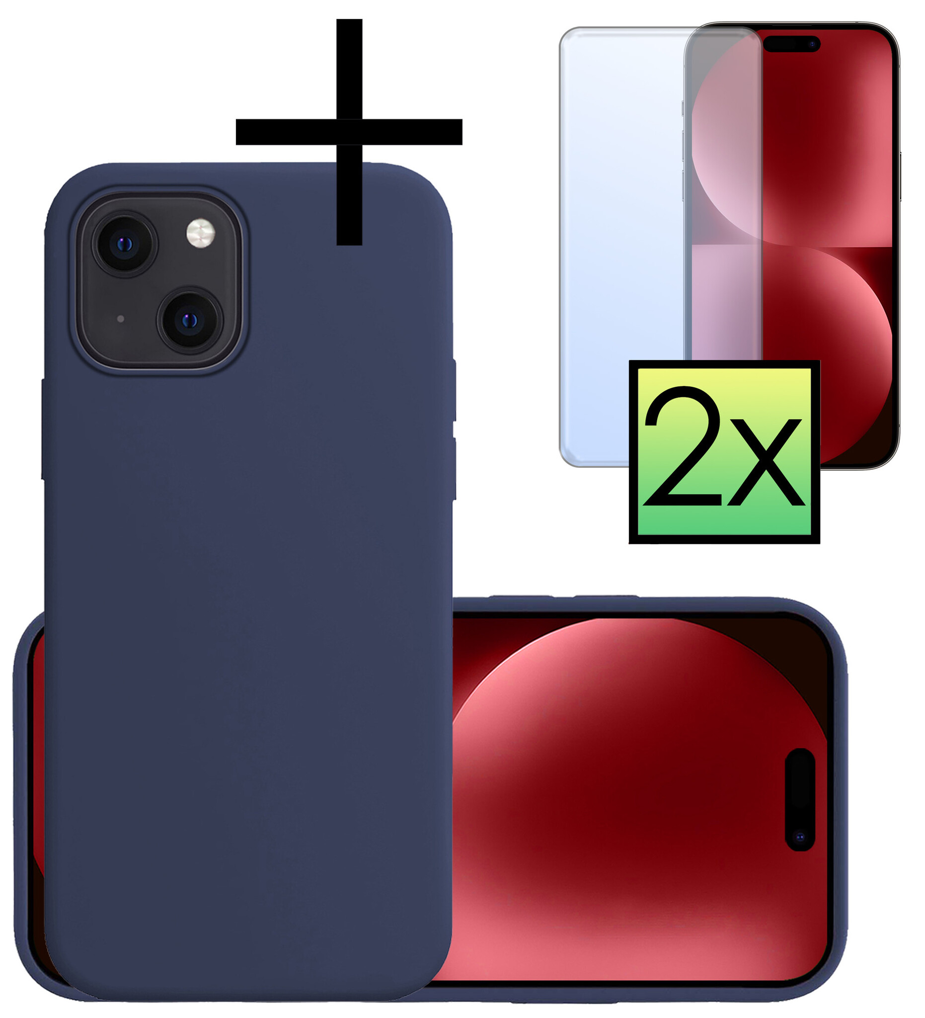 NoXx Hoes Geschikt voor iPhone 15 Hoesje Cover Siliconen Back Case Hoes Met 2x Screenprotector - Donkerblauw