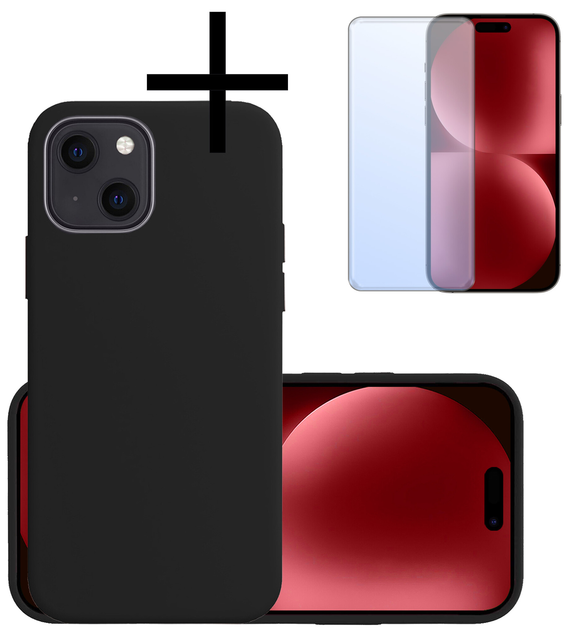 NoXx Hoes Geschikt voor iPhone 15 Hoesje Cover Siliconen Back Case Hoes Met Screenprotector - Zwart