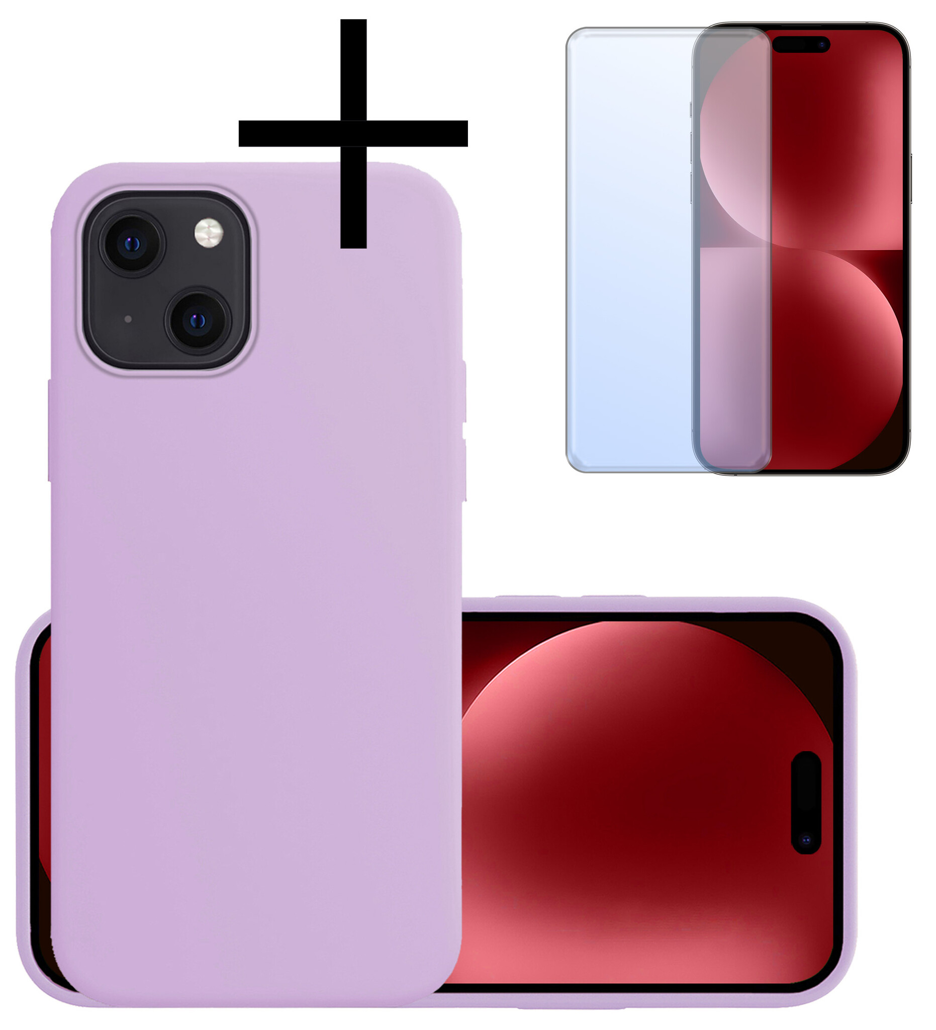 NoXx Hoes Geschikt voor iPhone 15 Hoesje Cover Siliconen Back Case Hoes Met Screenprotector - Lila