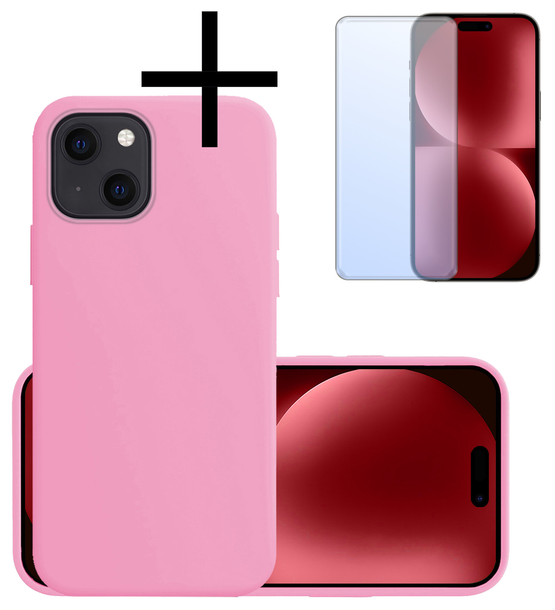 NoXx Hoes Geschikt voor iPhone 15 Hoesje Cover Siliconen Back Case Hoes Met Screenprotector - Lichtroze