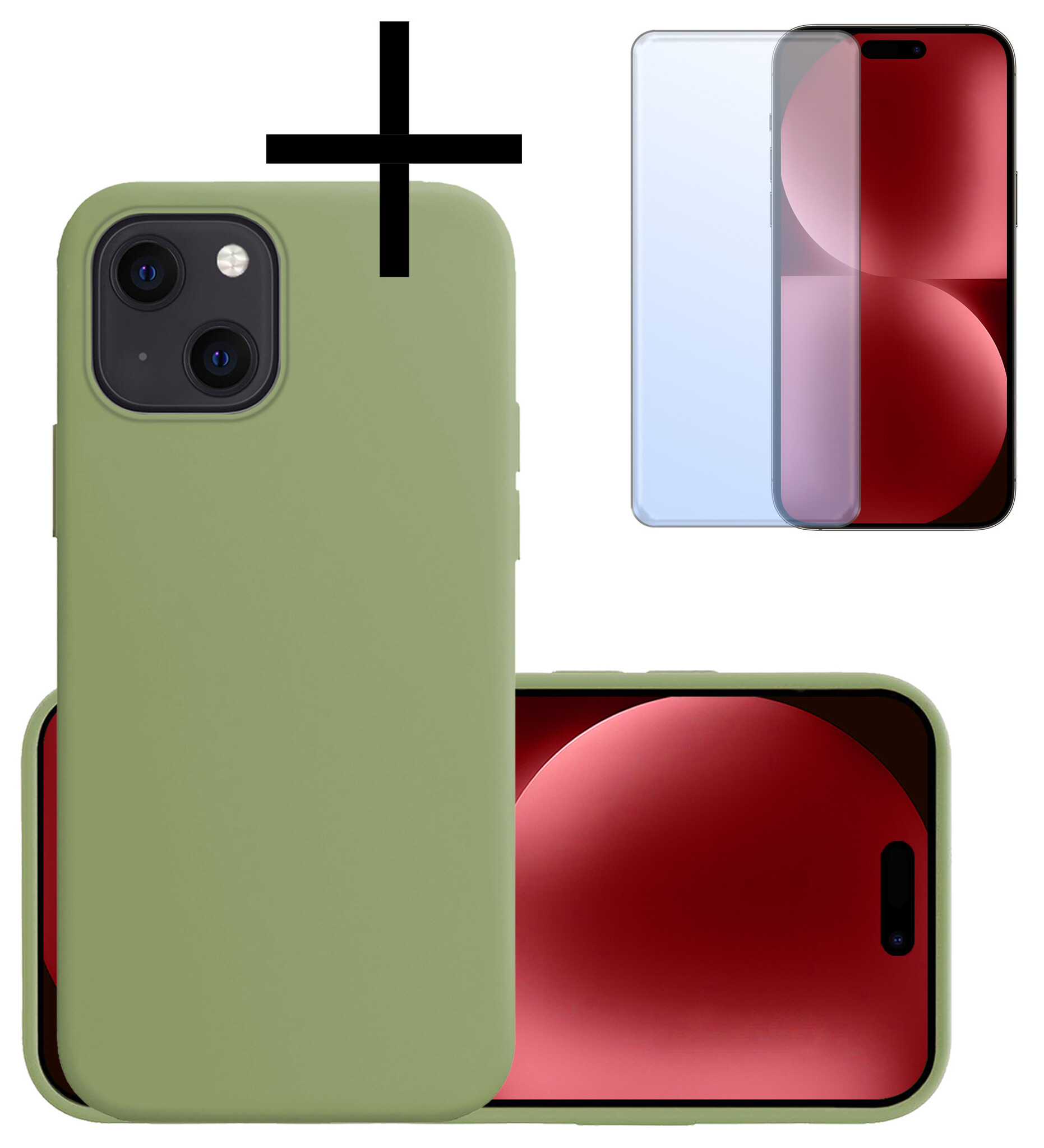 NoXx Hoes Geschikt voor iPhone 15 Hoesje Cover Siliconen Back Case Hoes Met Screenprotector - Groen