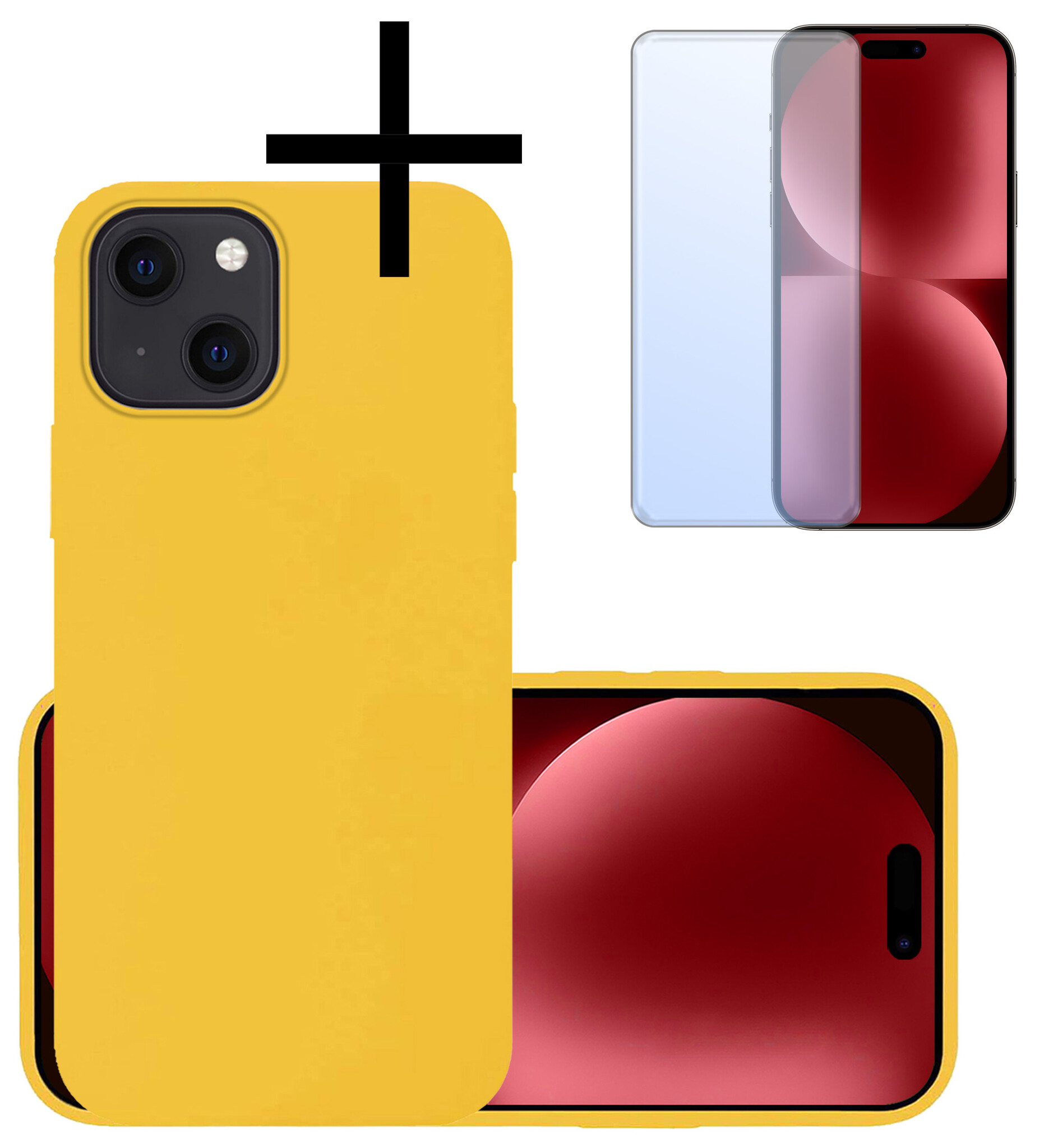 NoXx Hoes Geschikt voor iPhone 15 Hoesje Cover Siliconen Back Case Hoes Met Screenprotector - Geel