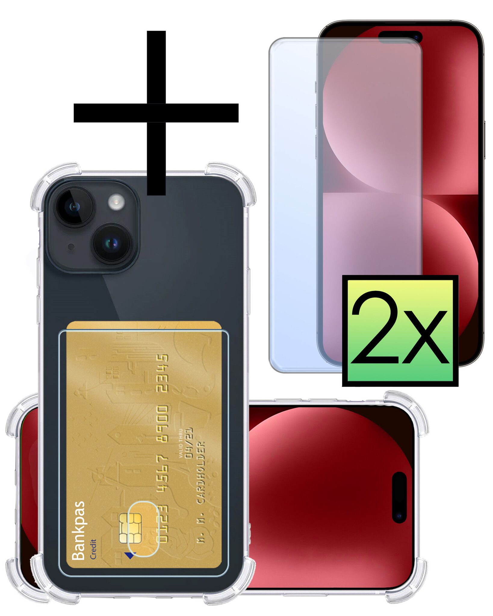 NoXx Hoes Geschikt voor iPhone 15 Hoesje Pasjeshouder Cover Shock Proof Case Siliconen Hoes Met Kaarthouder Met 2x Screenprotector - Transparant