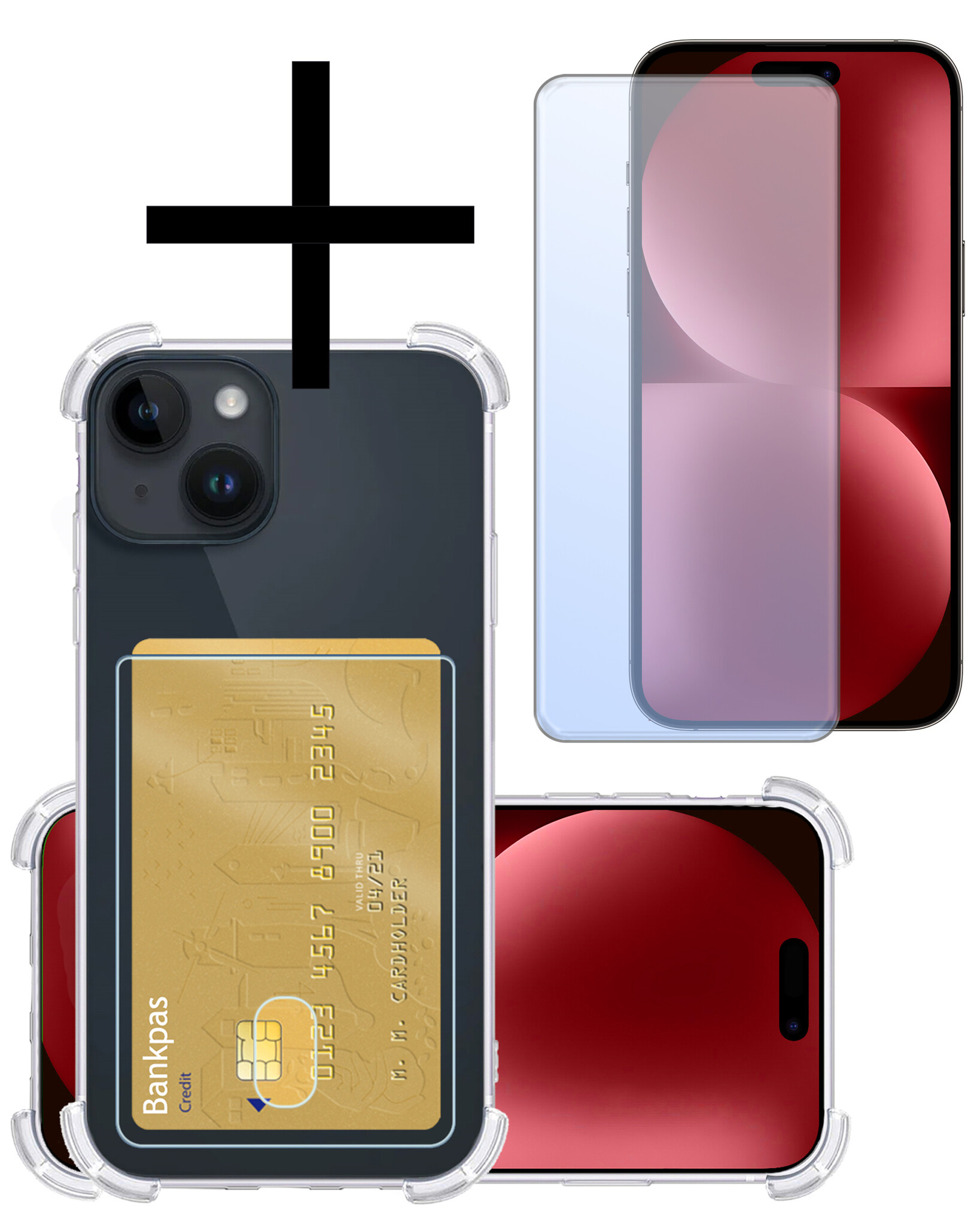 NoXx Hoes Geschikt voor iPhone 15 Plus Hoesje Pasjeshouder Cover Shock Proof Case Siliconen Hoes Met Kaarthouder Met Screenprotector - Transparant