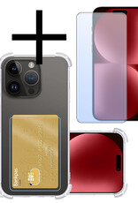 NoXx Hoes Geschikt voor iPhone 15 Pro Hoesje Pasjeshouder Cover Shock Proof Case Siliconen Hoes Met Kaarthouder Met Screenprotector - Transparant
