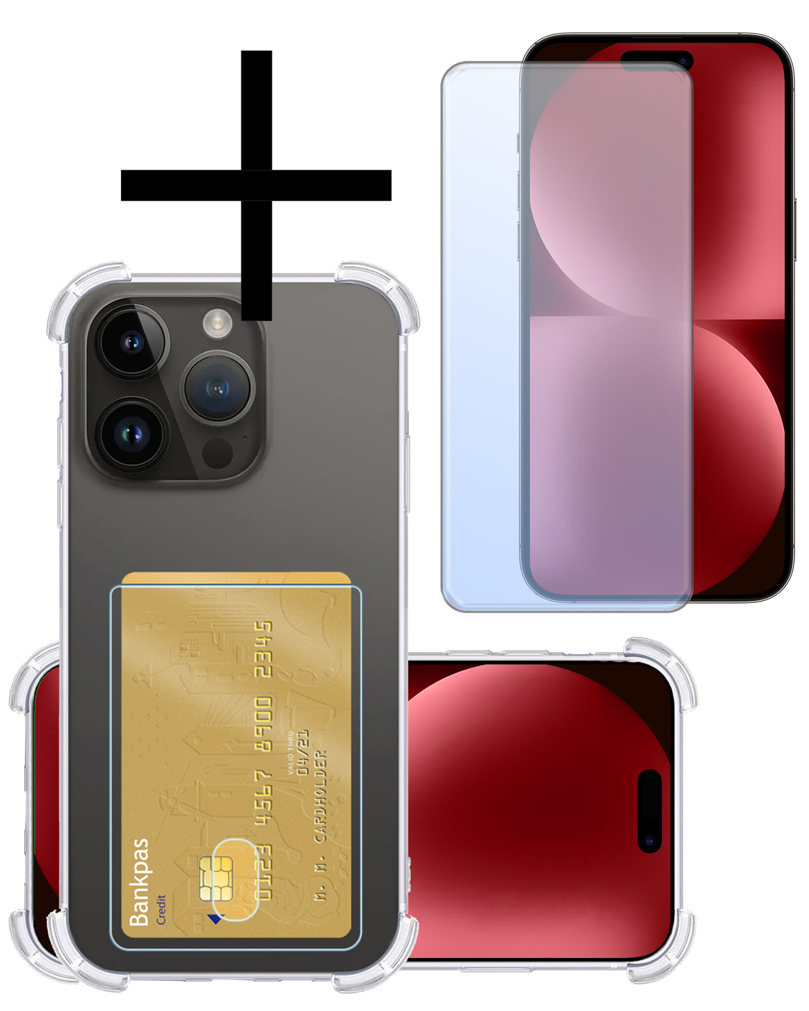 NoXx Hoes Geschikt voor iPhone 15 Pro Hoesje Pasjeshouder Cover Shock Proof Case Siliconen Hoes Met Kaarthouder Met Screenprotector - Transparant