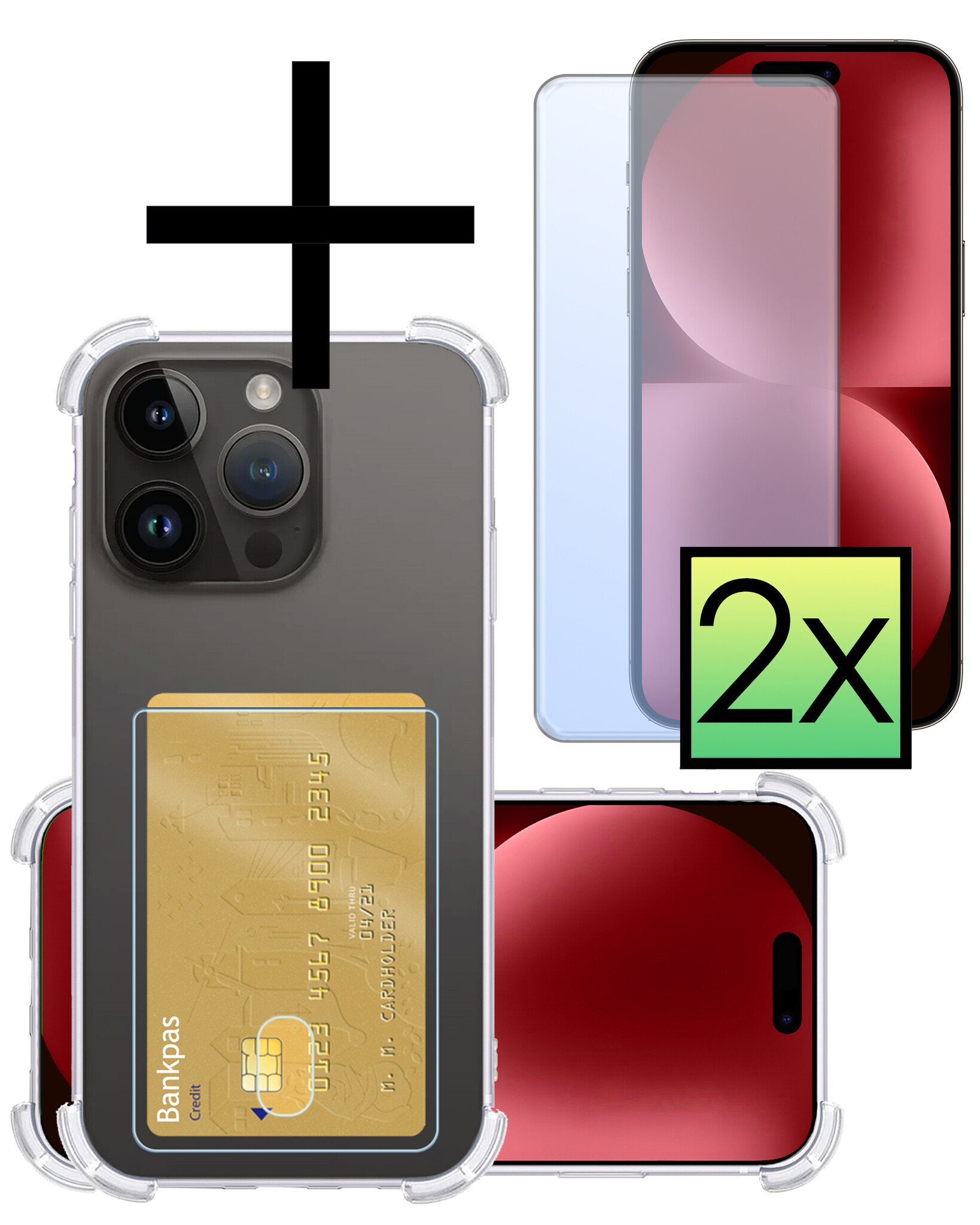 NoXx Hoes Geschikt voor iPhone 15 Pro Hoesje Pasjeshouder Cover Shock Proof Case Siliconen Hoes Met Kaarthouder Met 2x Screenprotector - Transparant
