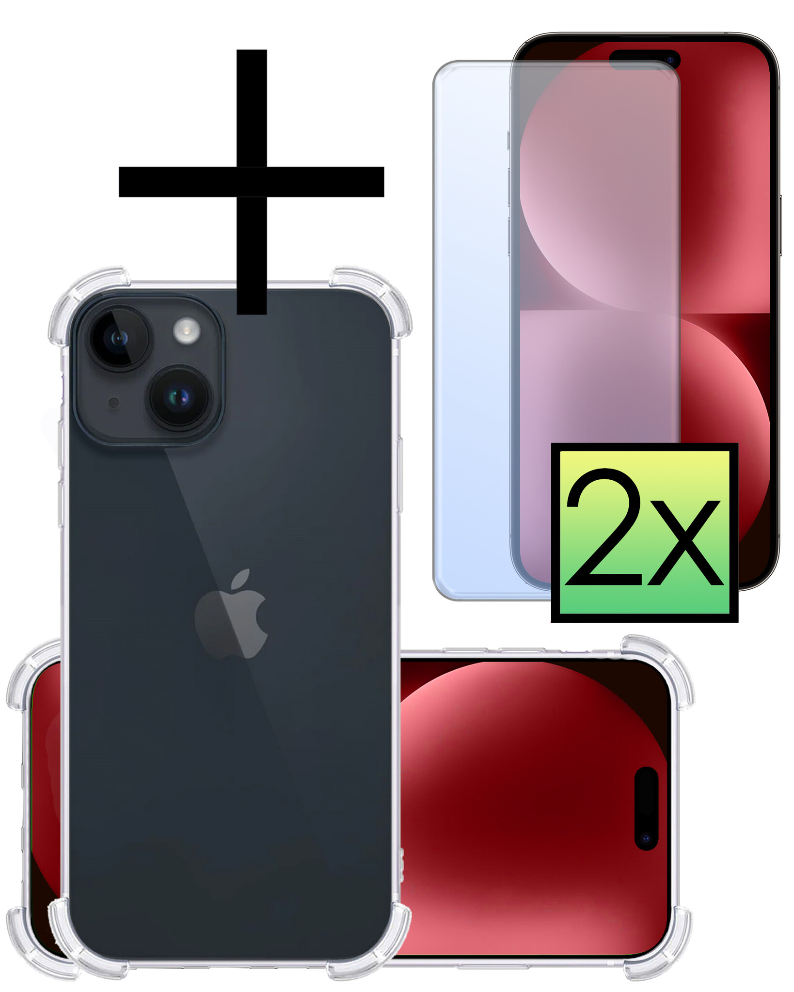 NoXx Hoes Geschikt voor iPhone 15 Plus Hoesje Siliconen Cover Shock Proof Back Case Shockproof Hoes Met 2x Screenprotector - Transparant