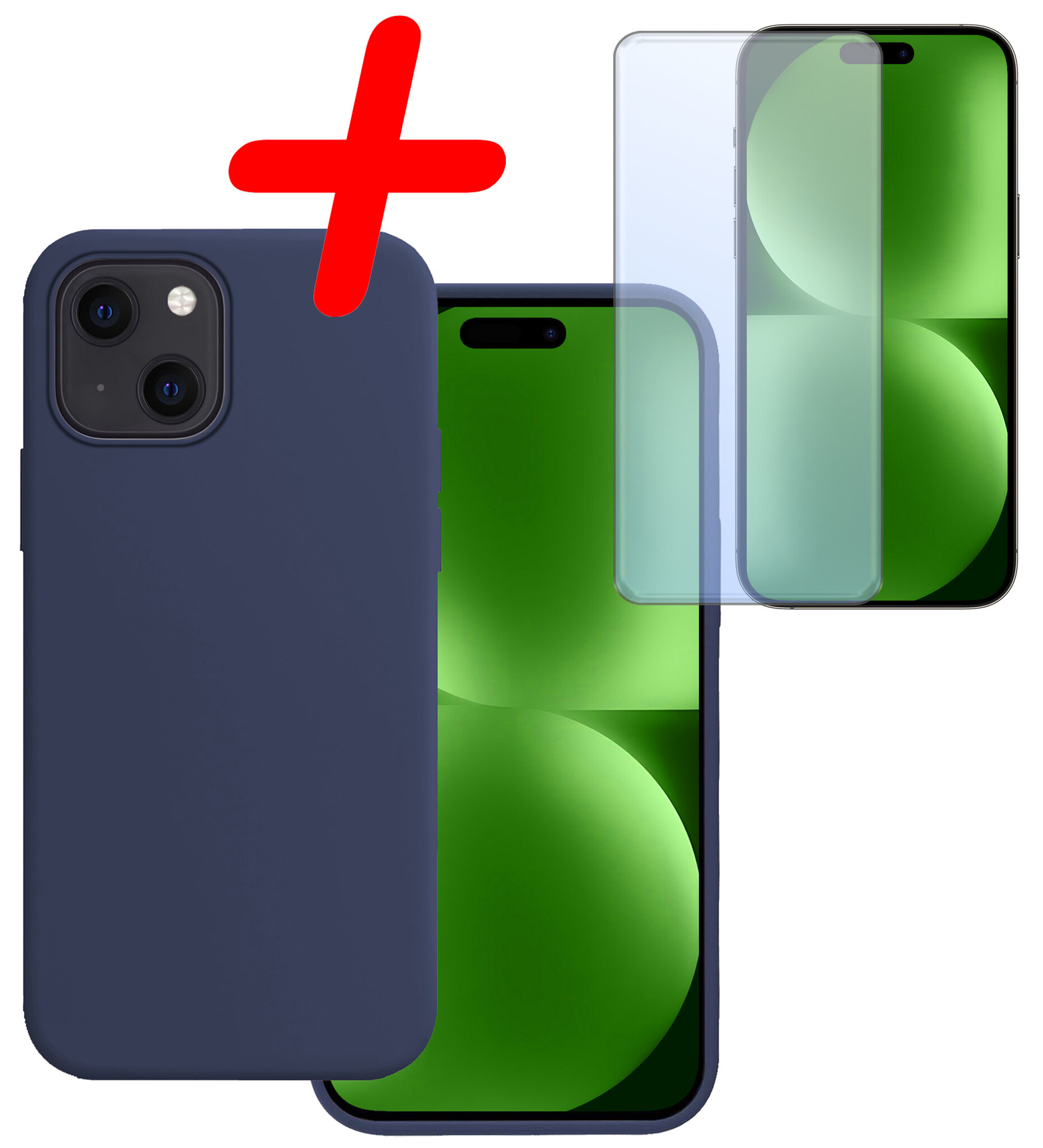 BASEY. Hoes Geschikt voor iPhone 15 Hoesje Siliconen Back Cover Case Met Screenprotector - Hoesje Geschikt voor iPhone 15 Hoes Cover Hoesje - Donkerblauw