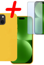 BASEY. Hoes Geschikt voor iPhone 15 Hoesje Siliconen Back Cover Case Met Screenprotector - Hoesje Geschikt voor iPhone 15 Hoes Cover Hoesje - Geel