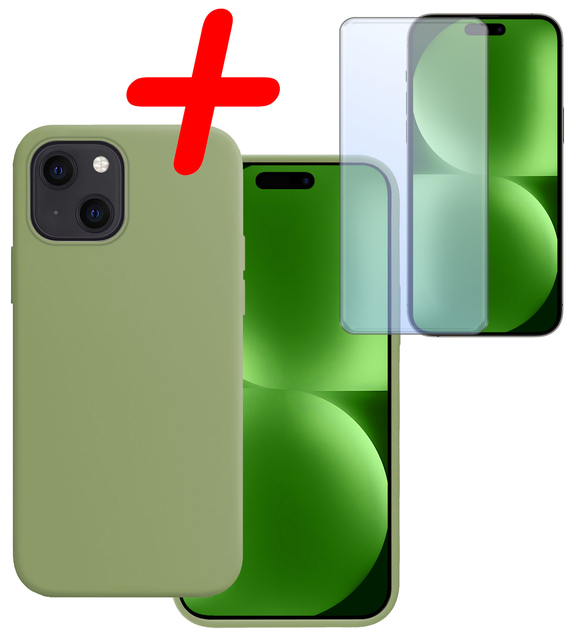 BASEY. Hoes Geschikt voor iPhone 15 Hoesje Siliconen Back Cover Case Met Screenprotector - Hoesje Geschikt voor iPhone 15 Hoes Cover Hoesje - Groen