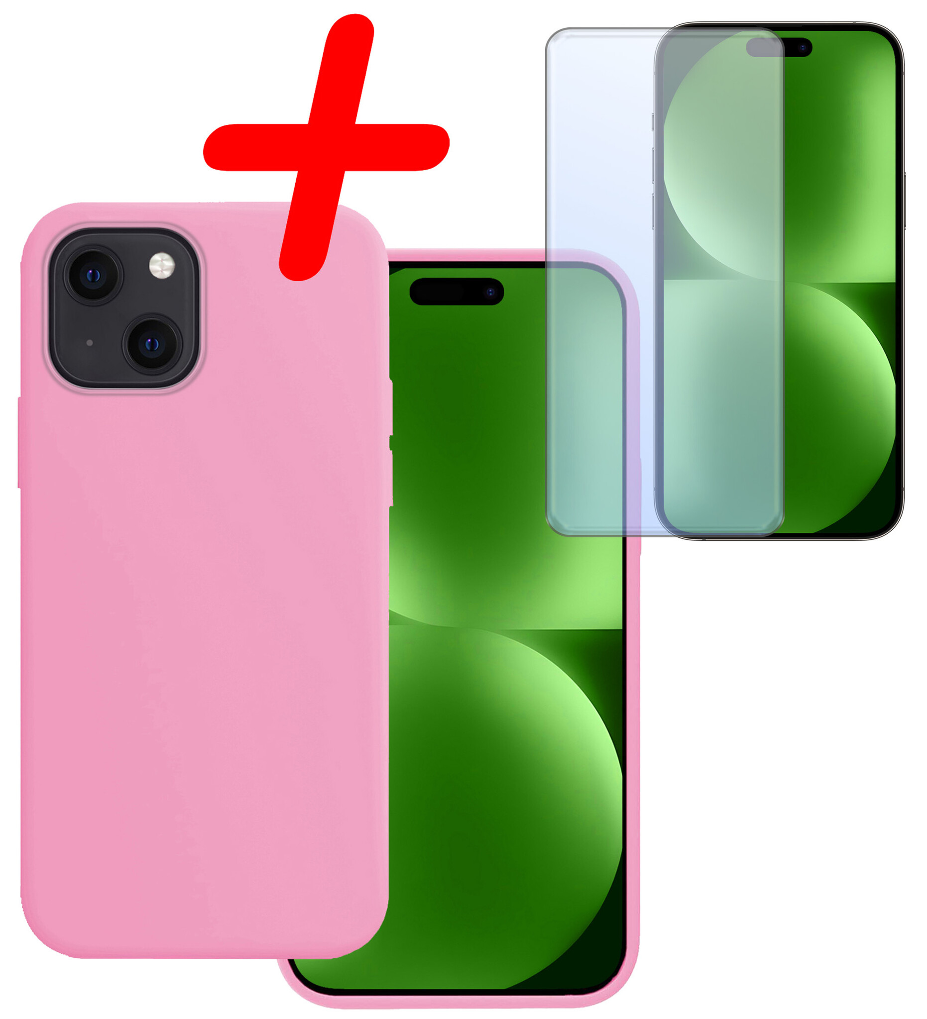 BASEY. Hoes Geschikt voor iPhone 15 Hoesje Siliconen Back Cover Case Met Screenprotector - Hoesje Geschikt voor iPhone 15 Hoes Cover Hoesje - Lichtroze