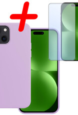 BASEY. Hoes Geschikt voor iPhone 15 Hoesje Siliconen Back Cover Case Met Screenprotector - Hoesje Geschikt voor iPhone 15 Hoes Cover Hoesje - Lila