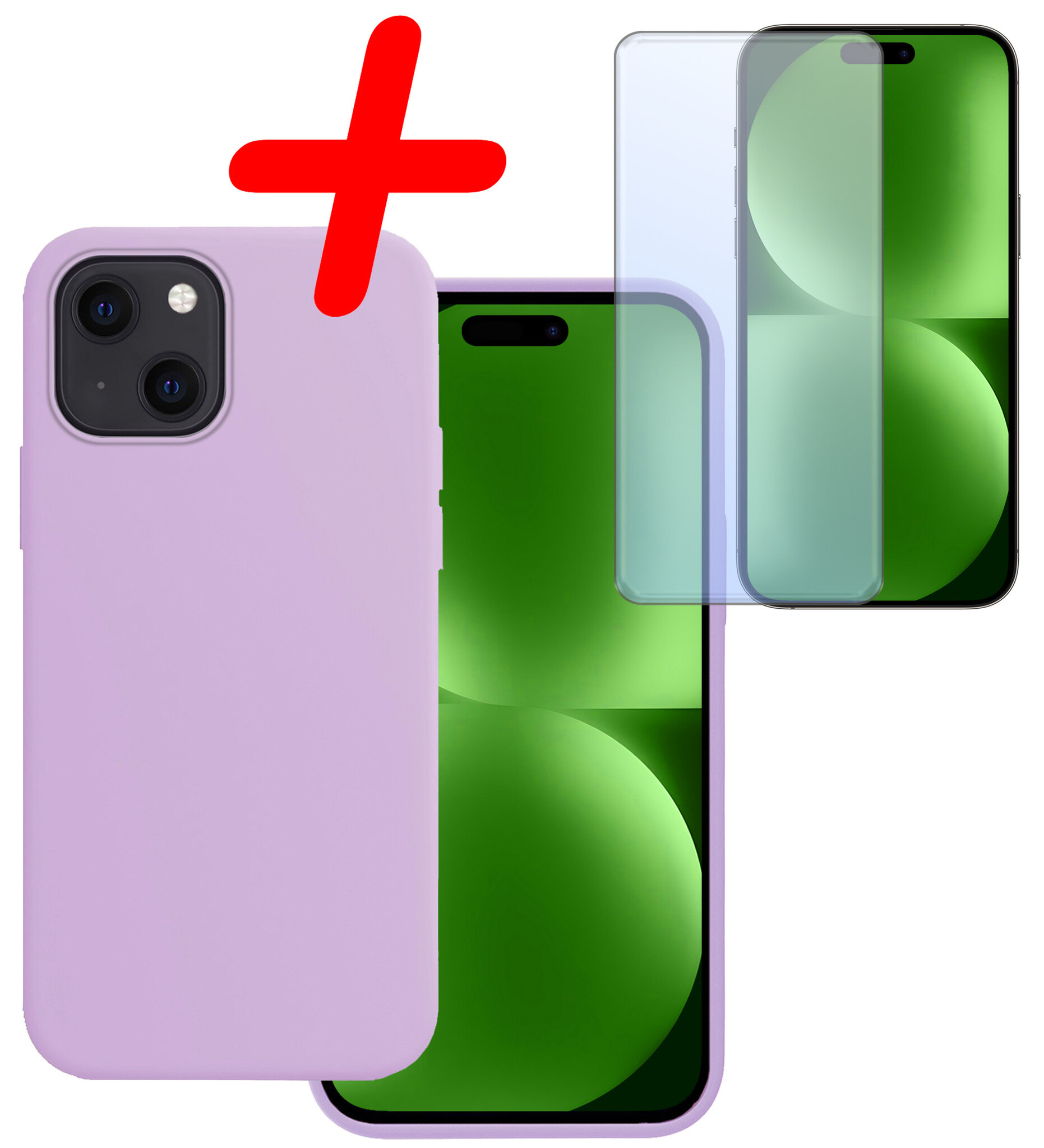 BASEY. Hoes Geschikt voor iPhone 15 Hoesje Siliconen Back Cover Case Met Screenprotector - Hoesje Geschikt voor iPhone 15 Hoes Cover Hoesje - Lila
