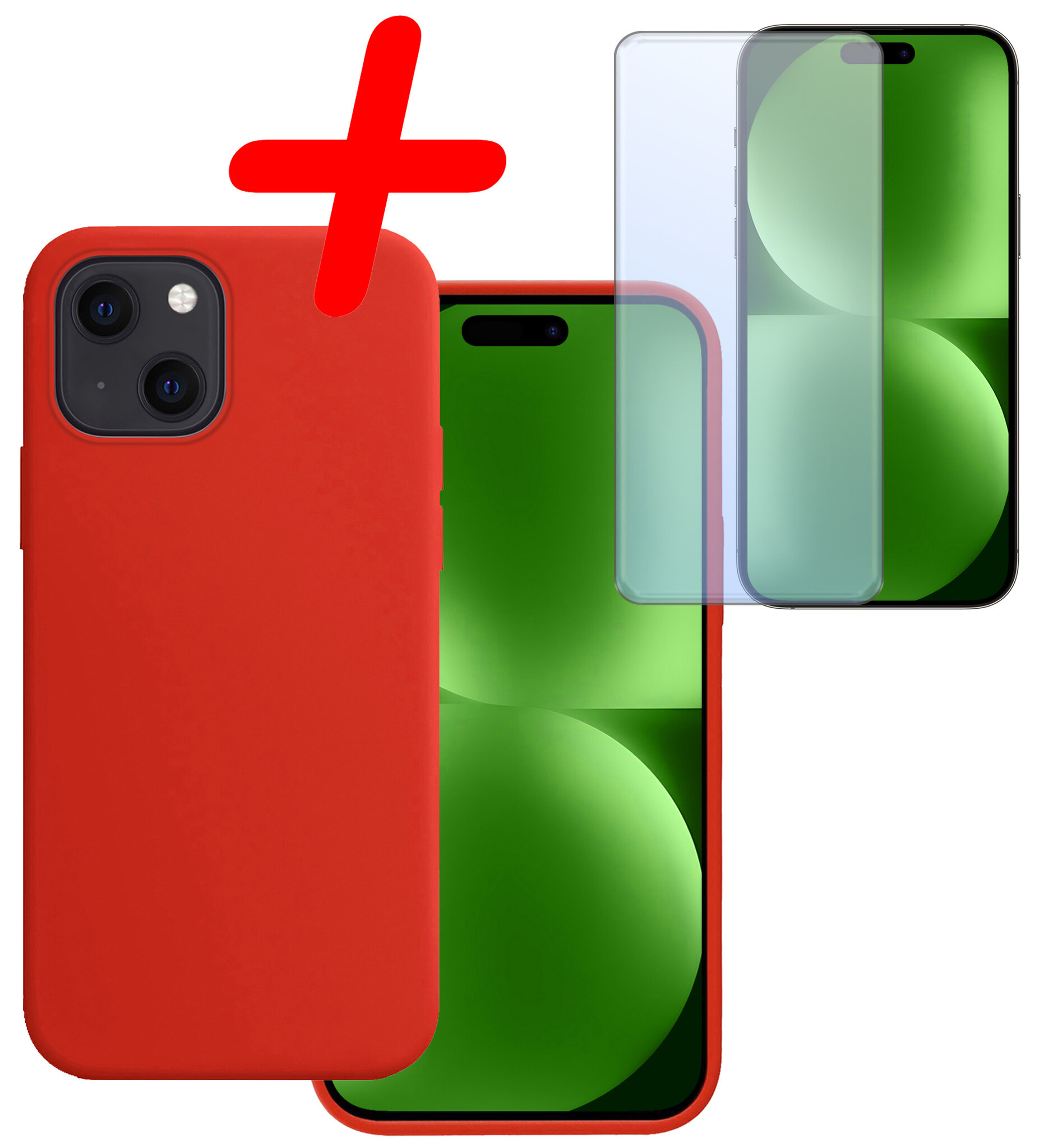 BASEY. Hoes Geschikt voor iPhone 15 Hoesje Siliconen Back Cover Case Met Screenprotector - Hoesje Geschikt voor iPhone 15 Hoes Cover Hoesje - Rood