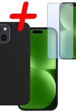 BASEY. Hoes Geschikt voor iPhone 15 Hoesje Siliconen Back Cover Case Met Screenprotector - Hoesje Geschikt voor iPhone 15 Hoes Cover Hoesje - Zwart