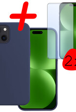 BASEY. Hoes Geschikt voor iPhone 15 Hoesje Siliconen Back Cover Case Met 2x Screenprotector - Hoesje Geschikt voor iPhone 15 Hoes Cover Hoesje - Donkerblauw