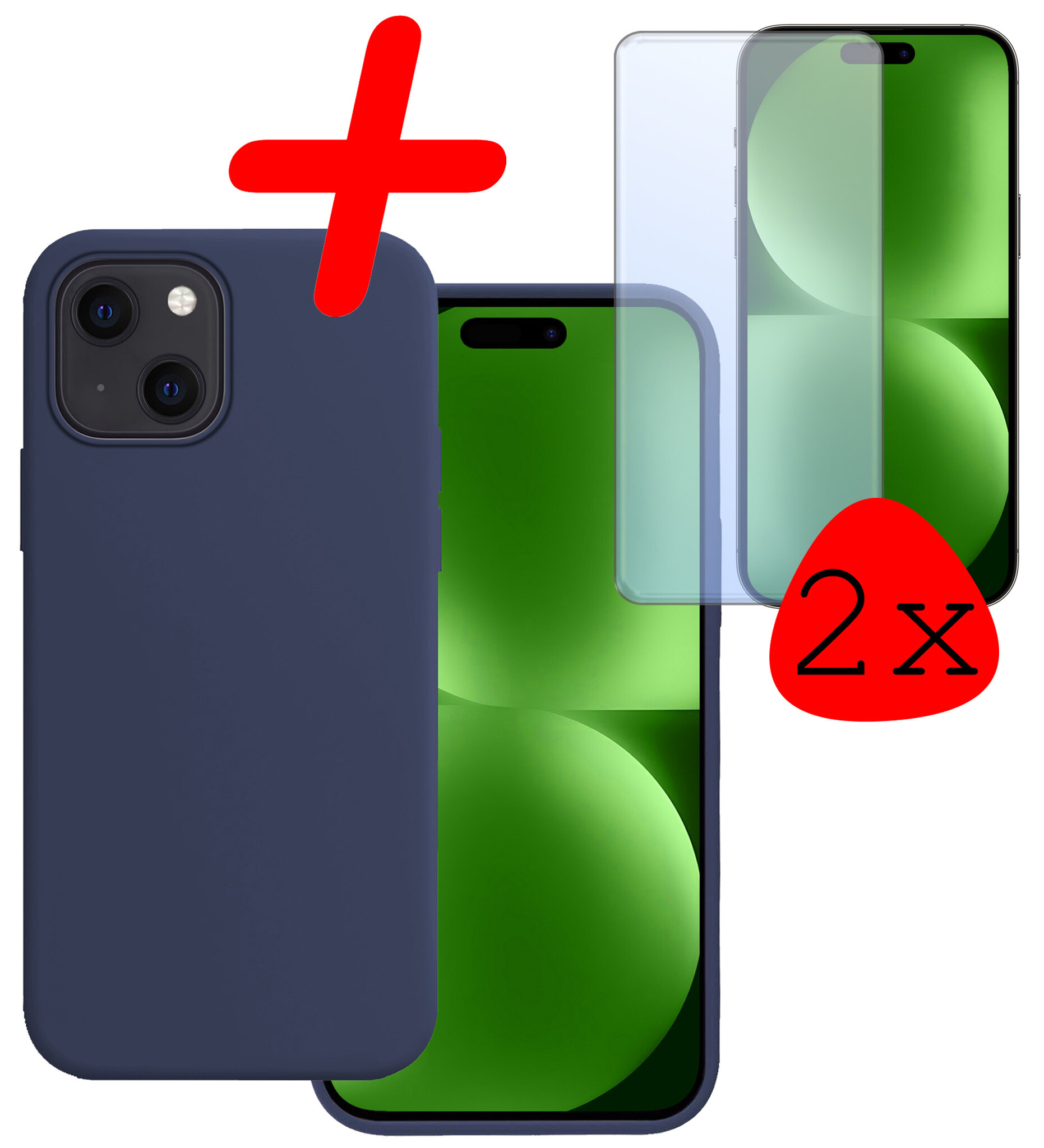 BASEY. Hoes Geschikt voor iPhone 15 Hoesje Siliconen Back Cover Case Met 2x Screenprotector - Hoesje Geschikt voor iPhone 15 Hoes Cover Hoesje - Donkerblauw