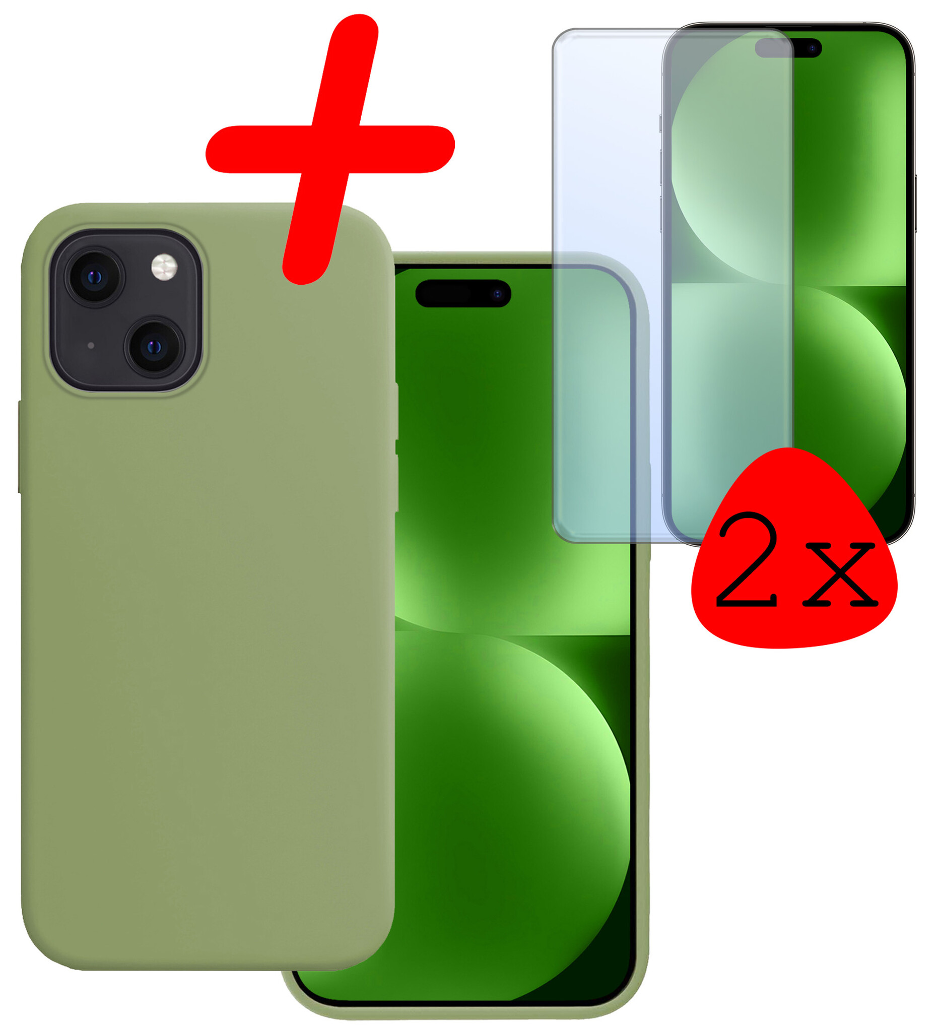 BASEY. Hoes Geschikt voor iPhone 15 Hoesje Siliconen Back Cover Case Met 2x Screenprotector - Hoesje Geschikt voor iPhone 15 Hoes Cover Hoesje - Groen