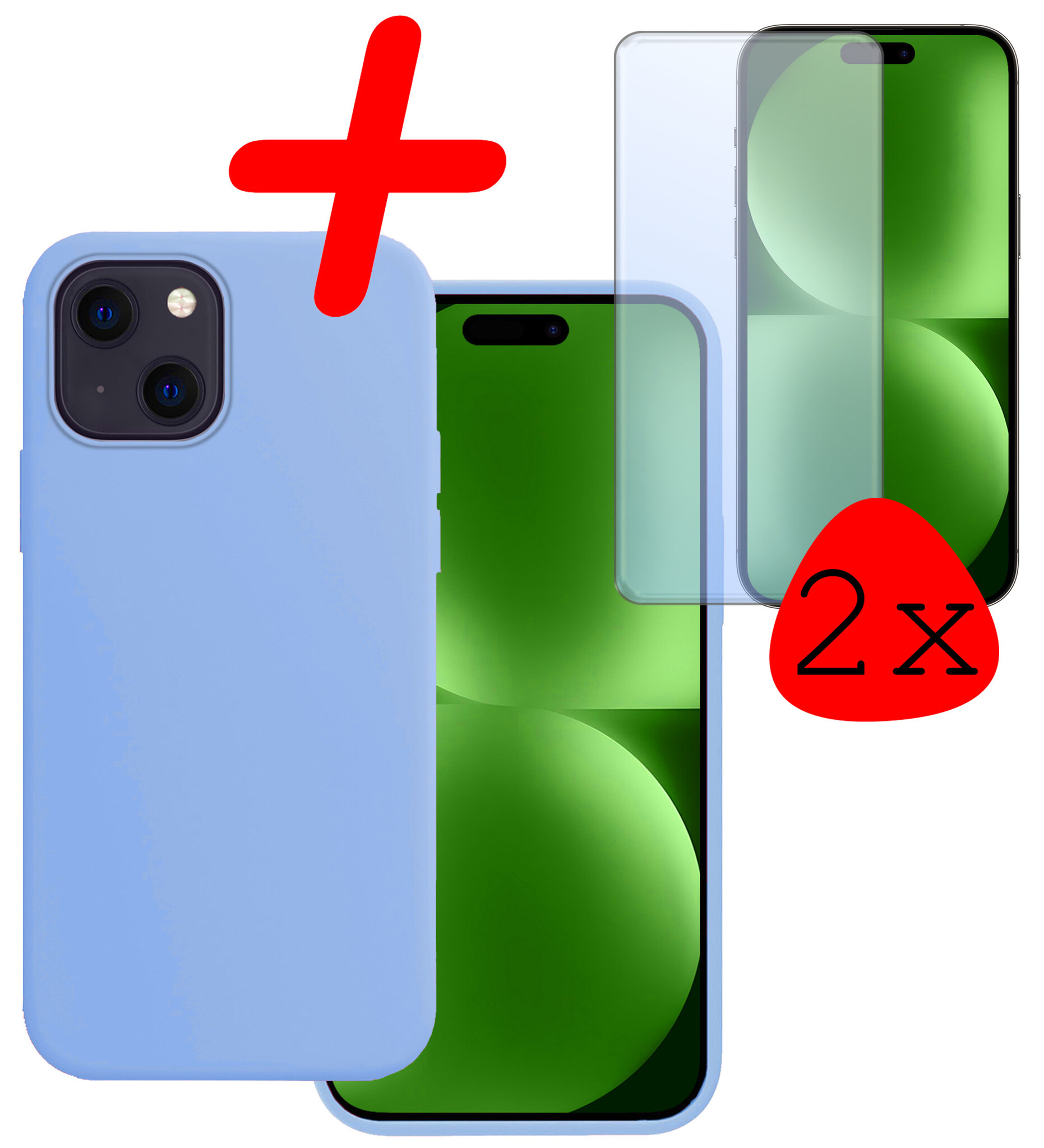 BASEY. Hoes Geschikt voor iPhone 15 Hoesje Siliconen Back Cover Case Met 2x Screenprotector - Hoesje Geschikt voor iPhone 15 Hoes Cover Hoesje - Lichtblauw