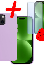 BASEY. Hoes Geschikt voor iPhone 15 Hoesje Siliconen Back Cover Case Met 2x Screenprotector - Hoesje Geschikt voor iPhone 15 Hoes Cover Hoesje - Lila