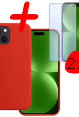 BASEY. Hoes Geschikt voor iPhone 15 Hoesje Siliconen Back Cover Case Met 2x Screenprotector - Hoesje Geschikt voor iPhone 15 Hoes Cover Hoesje - Rood