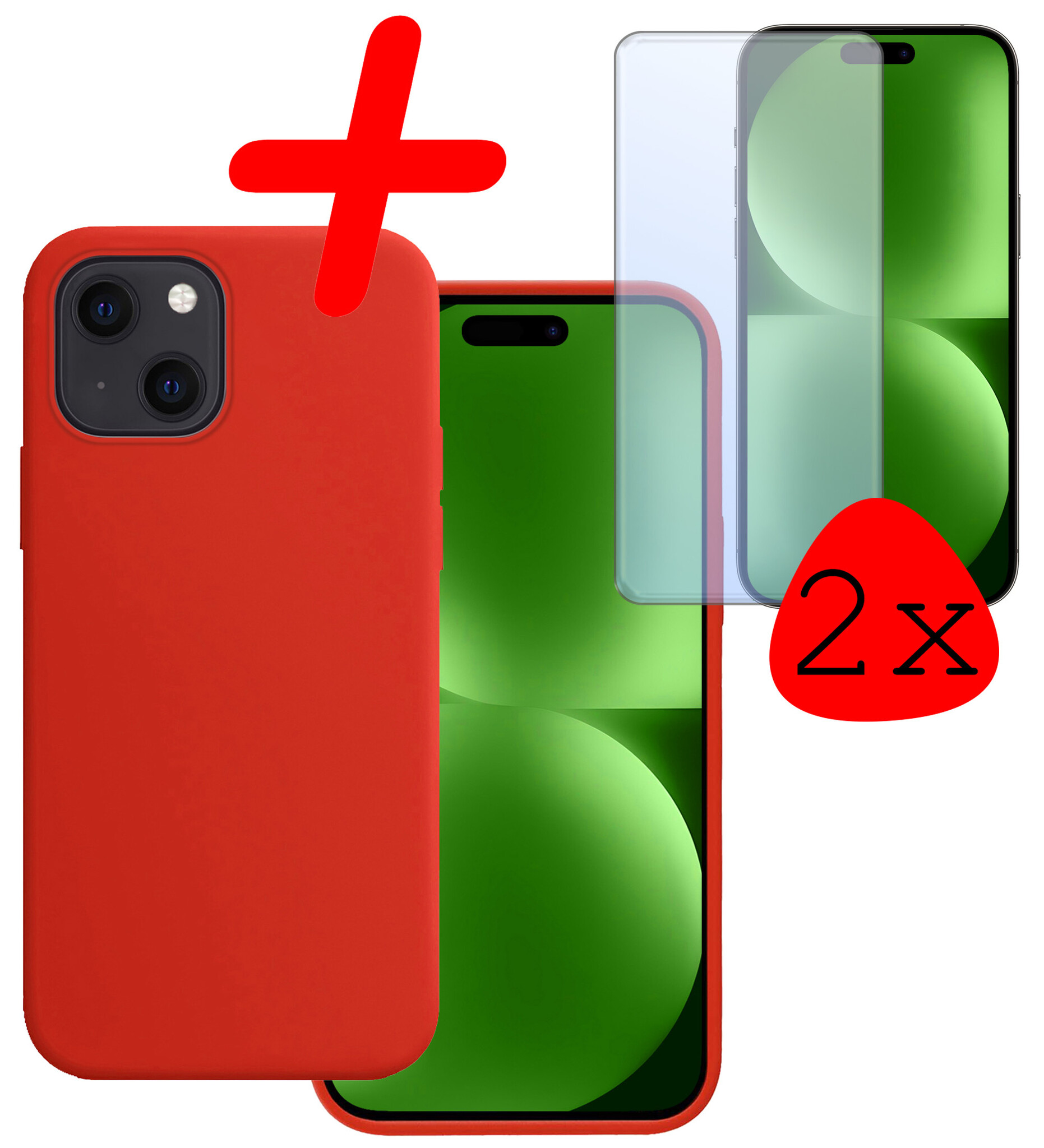 BASEY. Hoes Geschikt voor iPhone 15 Hoesje Siliconen Back Cover Case Met 2x Screenprotector - Hoesje Geschikt voor iPhone 15 Hoes Cover Hoesje - Rood