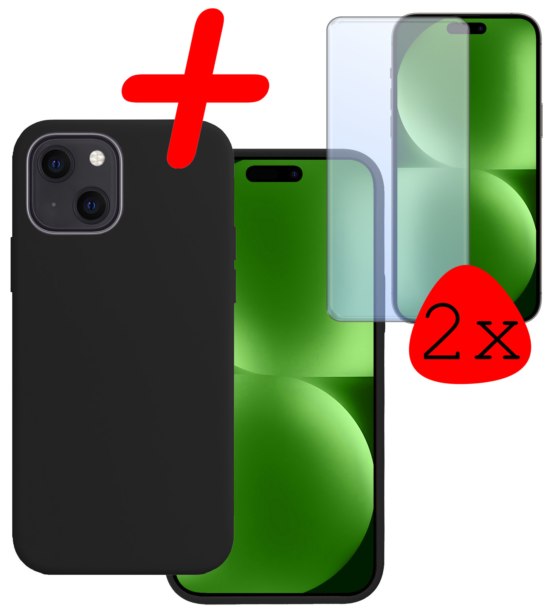 BASEY. Hoes Geschikt voor iPhone 15 Hoesje Siliconen Back Cover Case Met 2x Screenprotector - Hoesje Geschikt voor iPhone 15 Hoes Cover Hoesje - Zwart