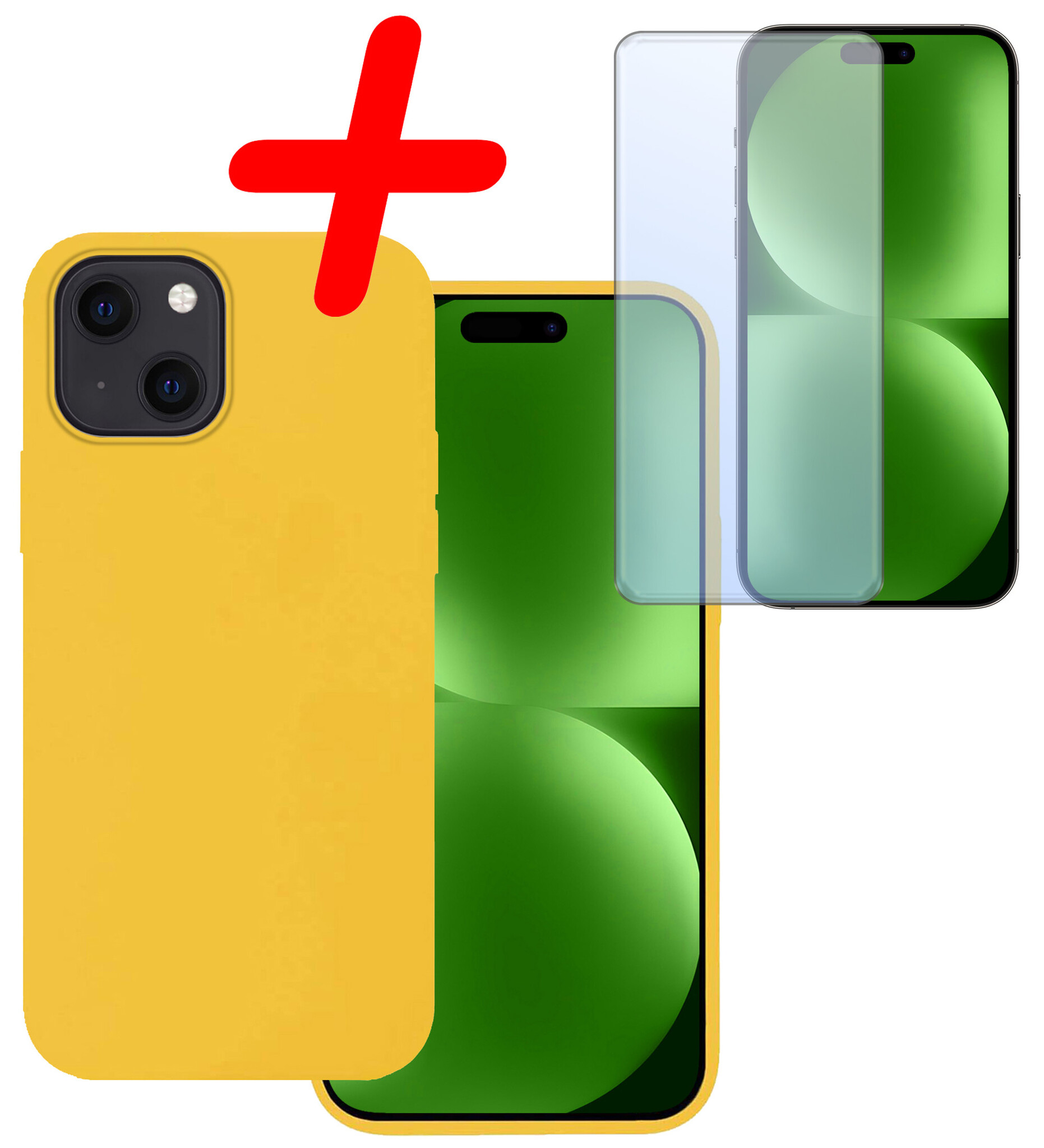 BASEY. Hoes Geschikt voor iPhone 15 Plus Hoesje Siliconen Back Cover Case Met Screenprotector - Hoesje Geschikt voor iPhone 15 Plus Hoes Cover Hoesje - Geel