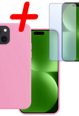 BASEY. Hoes Geschikt voor iPhone 15 Plus Hoesje Siliconen Back Cover Case Met Screenprotector - Hoesje Geschikt voor iPhone 15 Plus Hoes Cover Hoesje - Lichtroze