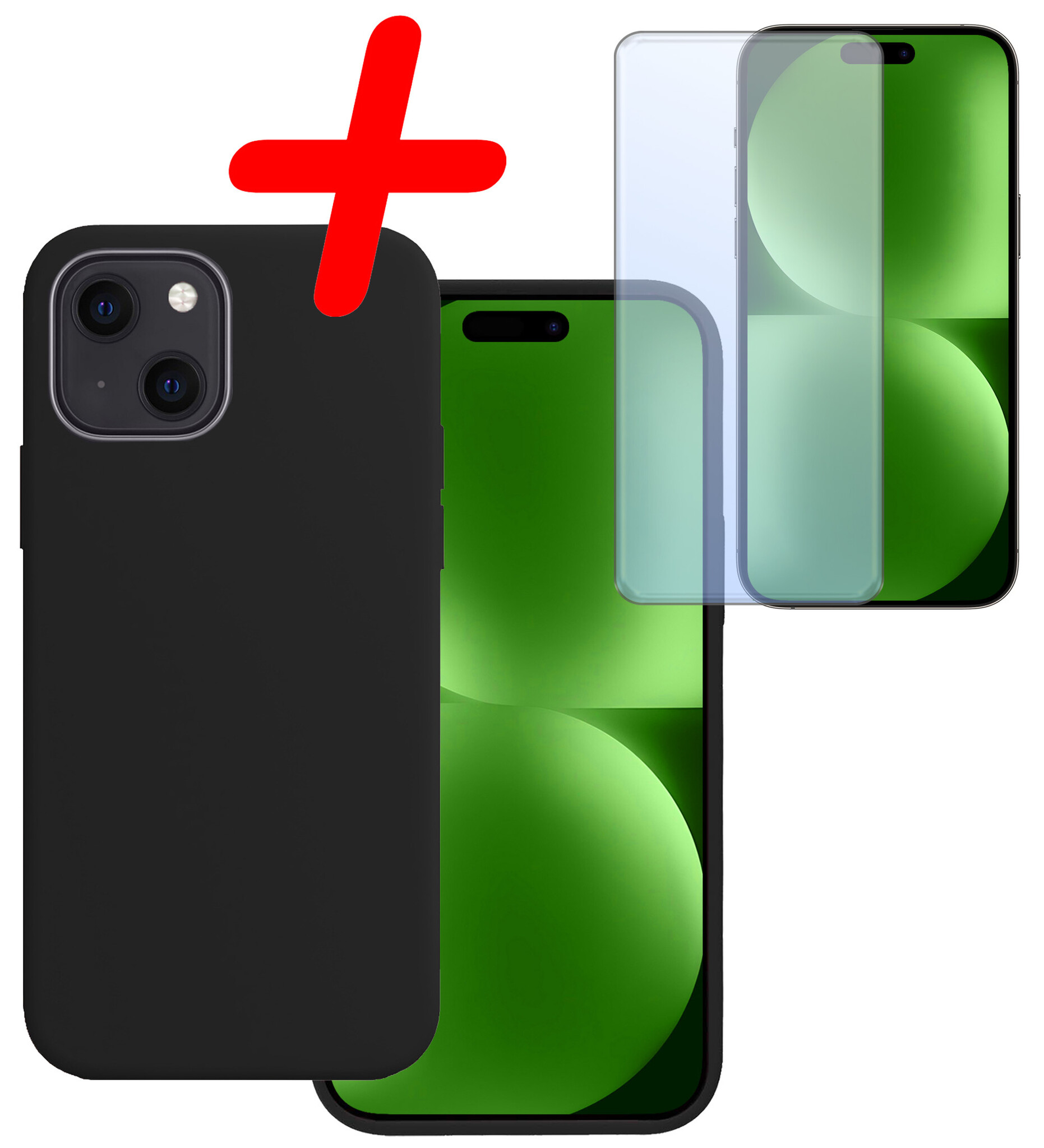 BASEY. Hoes Geschikt voor iPhone 15 Plus Hoesje Siliconen Back Cover Case Met Screenprotector - Hoesje Geschikt voor iPhone 15 Plus Hoes Cover Hoesje - Zwart