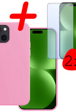 BASEY. Hoes Geschikt voor iPhone 15 Plus Hoesje Siliconen Back Cover Case Met 2x Screenprotector - Hoesje Geschikt voor iPhone 15 Plus Hoes Cover Hoesje - Lichtroze