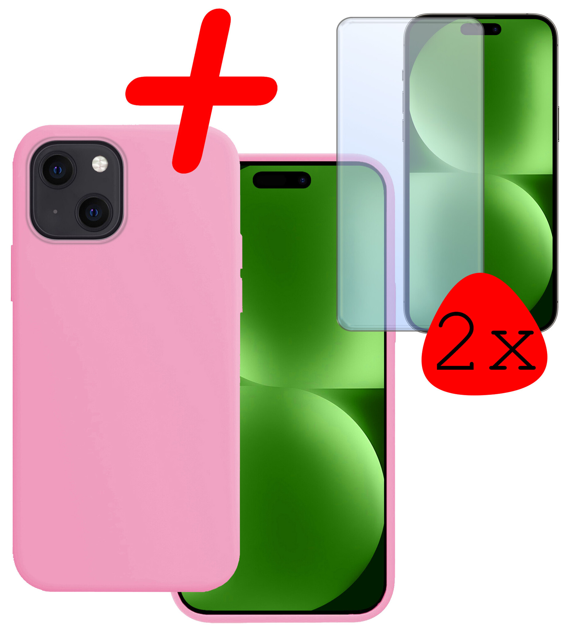 BASEY. Hoes Geschikt voor iPhone 15 Plus Hoesje Siliconen Back Cover Case Met 2x Screenprotector - Hoesje Geschikt voor iPhone 15 Plus Hoes Cover Hoesje - Lichtroze