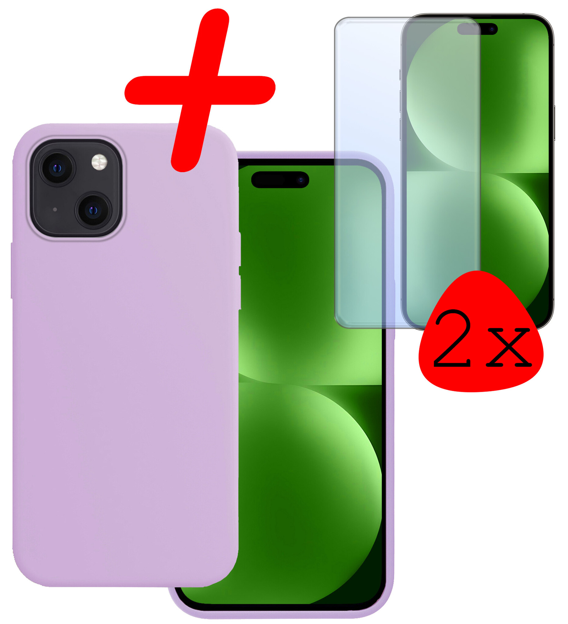 BASEY. Hoes Geschikt voor iPhone 15 Plus Hoesje Siliconen Back Cover Case Met 2x Screenprotector - Hoesje Geschikt voor iPhone 15 Plus Hoes Cover Hoesje - Lila