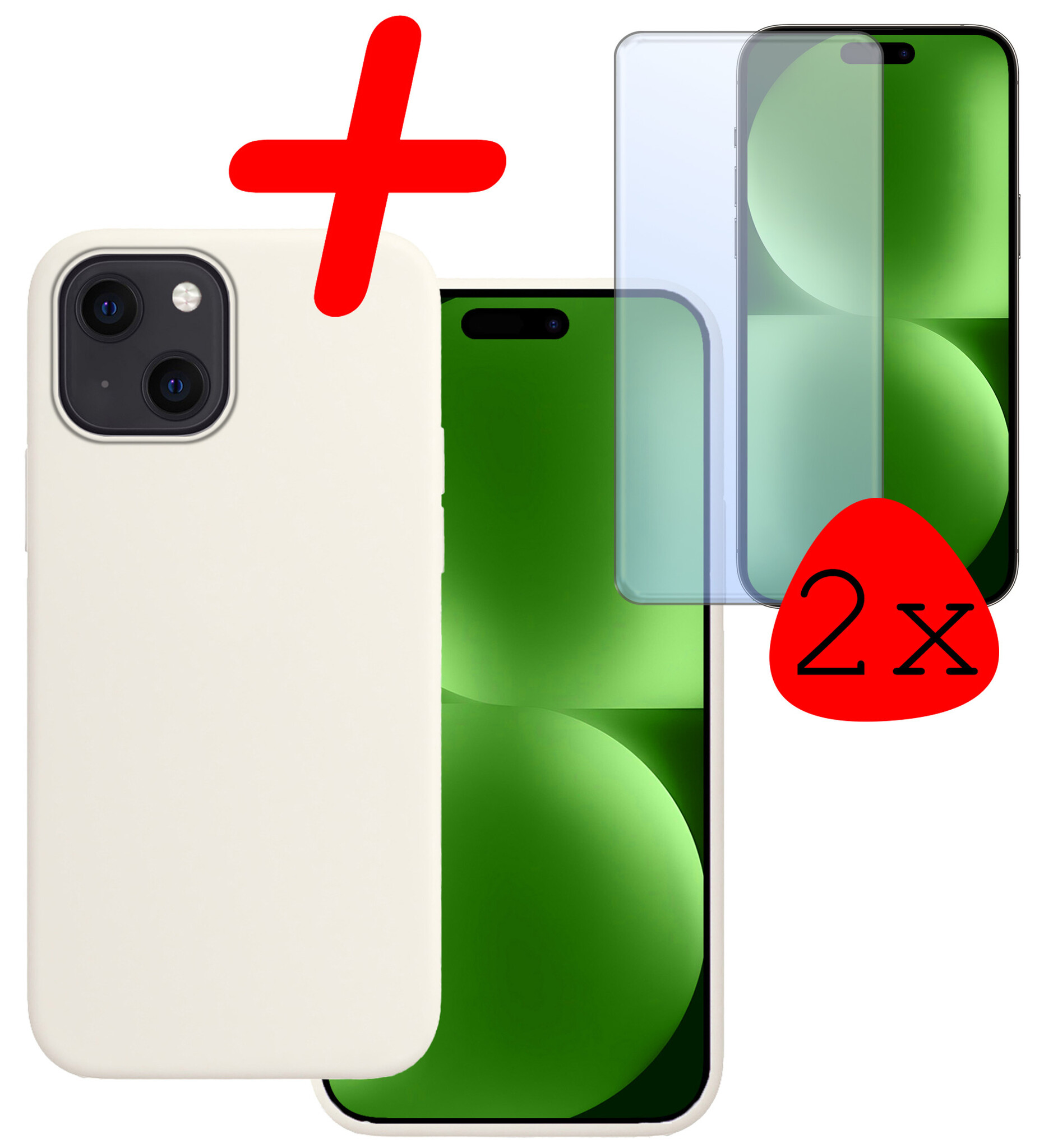 BASEY. Hoes Geschikt voor iPhone 15 Plus Hoesje Siliconen Back Cover Case Met 2x Screenprotector - Hoesje Geschikt voor iPhone 15 Plus Hoes Cover Hoesje - Wit