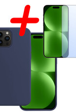 BASEY. Hoes Geschikt voor iPhone 15 Pro Hoesje Siliconen Back Cover Case Met Screenprotector - Hoesje Geschikt voor iPhone 15 Pro Hoes Cover Hoesje - Donkerblauw