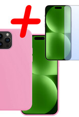 BASEY. Hoes Geschikt voor iPhone 15 Pro Hoesje Siliconen Back Cover Case Met Screenprotector - Hoesje Geschikt voor iPhone 15 Pro Hoes Cover Hoesje - Lichtroze