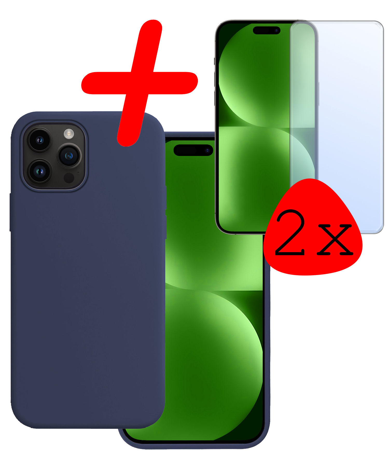 BASEY. Hoes Geschikt voor iPhone 15 Pro Hoesje Siliconen Back Cover Case Met 2x Screenprotector - Hoesje Geschikt voor iPhone 15 Pro Hoes Cover Hoesje - Donkerblauw