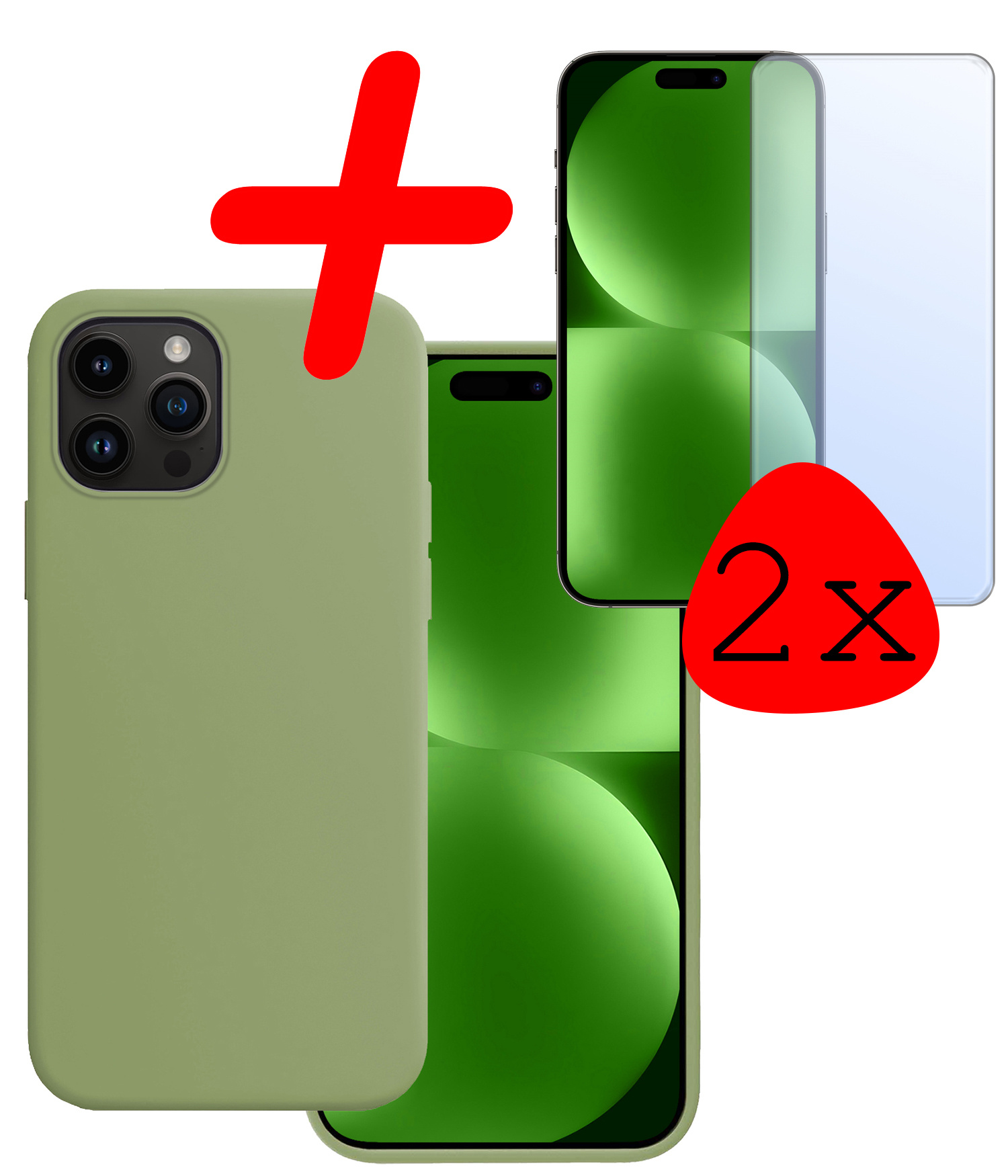 BASEY. Hoes Geschikt voor iPhone 15 Pro Hoesje Siliconen Back Cover Case Met 2x Screenprotector - Hoesje Geschikt voor iPhone 15 Pro Hoes Cover Hoesje - Groen