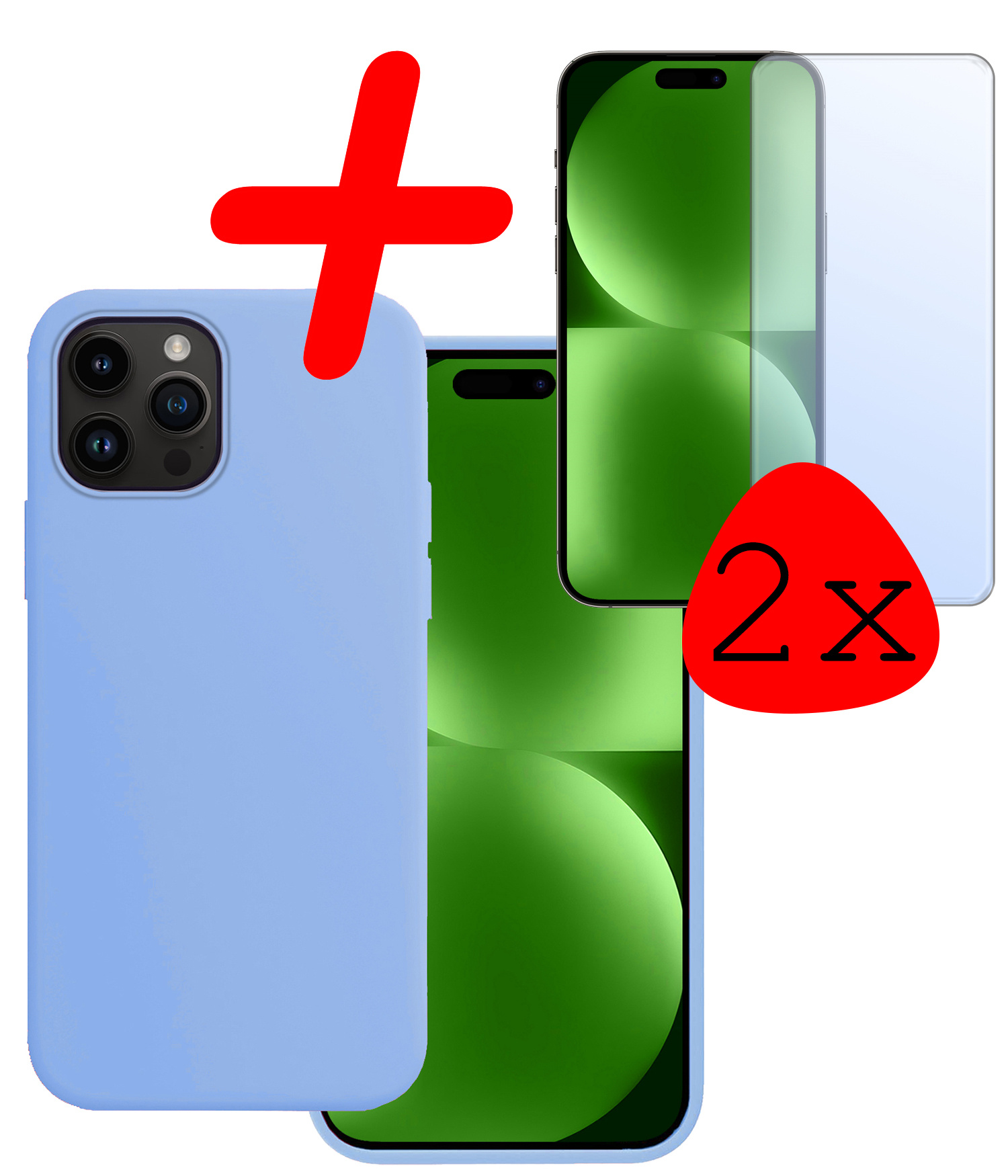 BASEY. Hoes Geschikt voor iPhone 15 Pro Hoesje Siliconen Back Cover Case Met 2x Screenprotector - Hoesje Geschikt voor iPhone 15 Pro Hoes Cover Hoesje - Lichtblauw