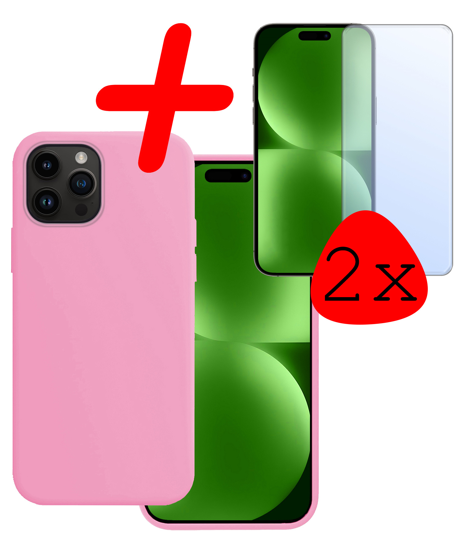 BASEY. Hoes Geschikt voor iPhone 15 Pro Hoesje Siliconen Back Cover Case Met 2x Screenprotector - Hoesje Geschikt voor iPhone 15 Pro Hoes Cover Hoesje - Lichtroze