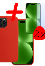 BASEY. Hoes Geschikt voor iPhone 15 Pro Hoesje Siliconen Back Cover Case Met 2x Screenprotector - Hoesje Geschikt voor iPhone 15 Pro Hoes Cover Hoesje - Rood