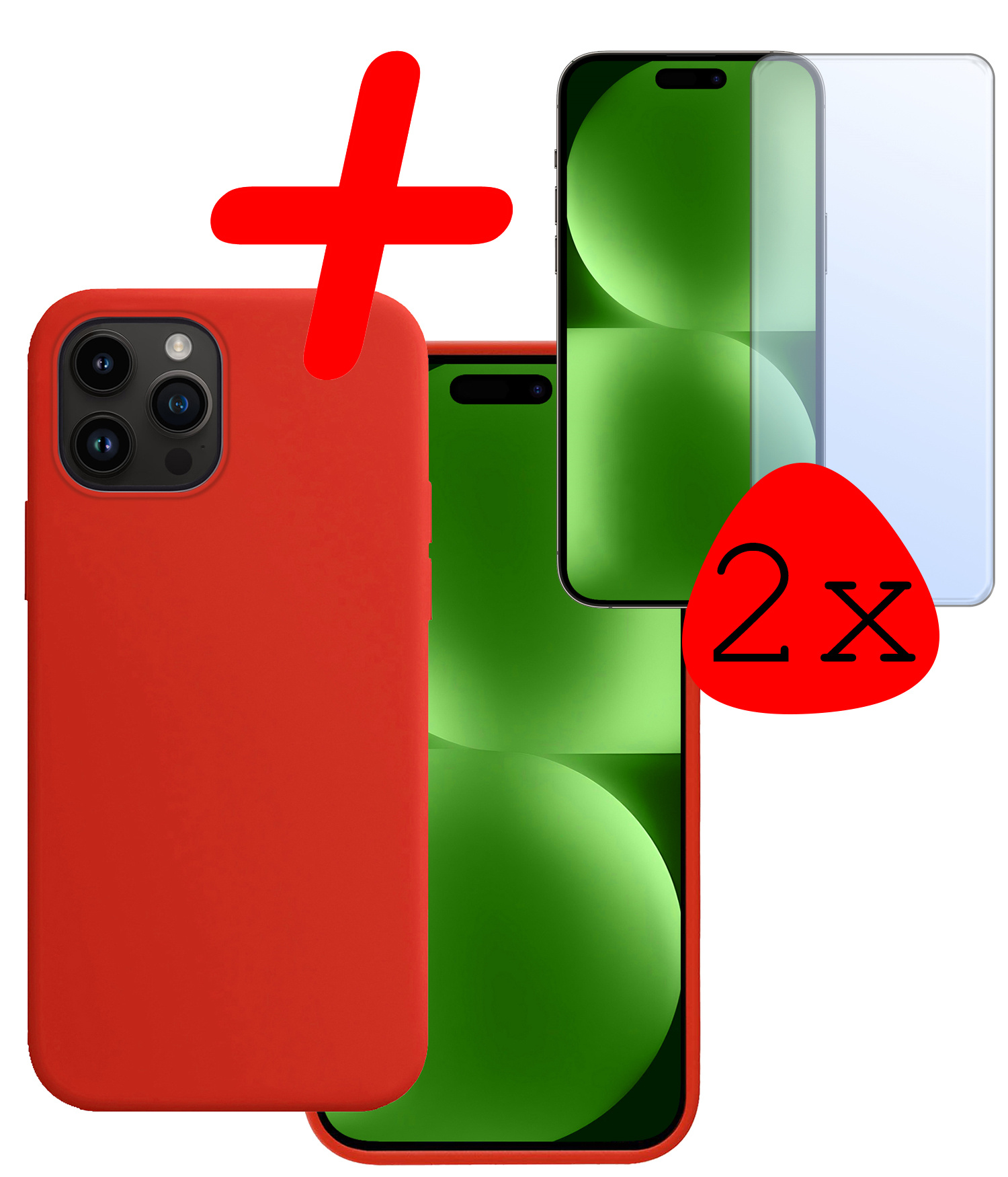 BASEY. Hoes Geschikt voor iPhone 15 Pro Hoesje Siliconen Back Cover Case Met 2x Screenprotector - Hoesje Geschikt voor iPhone 15 Pro Hoes Cover Hoesje - Rood