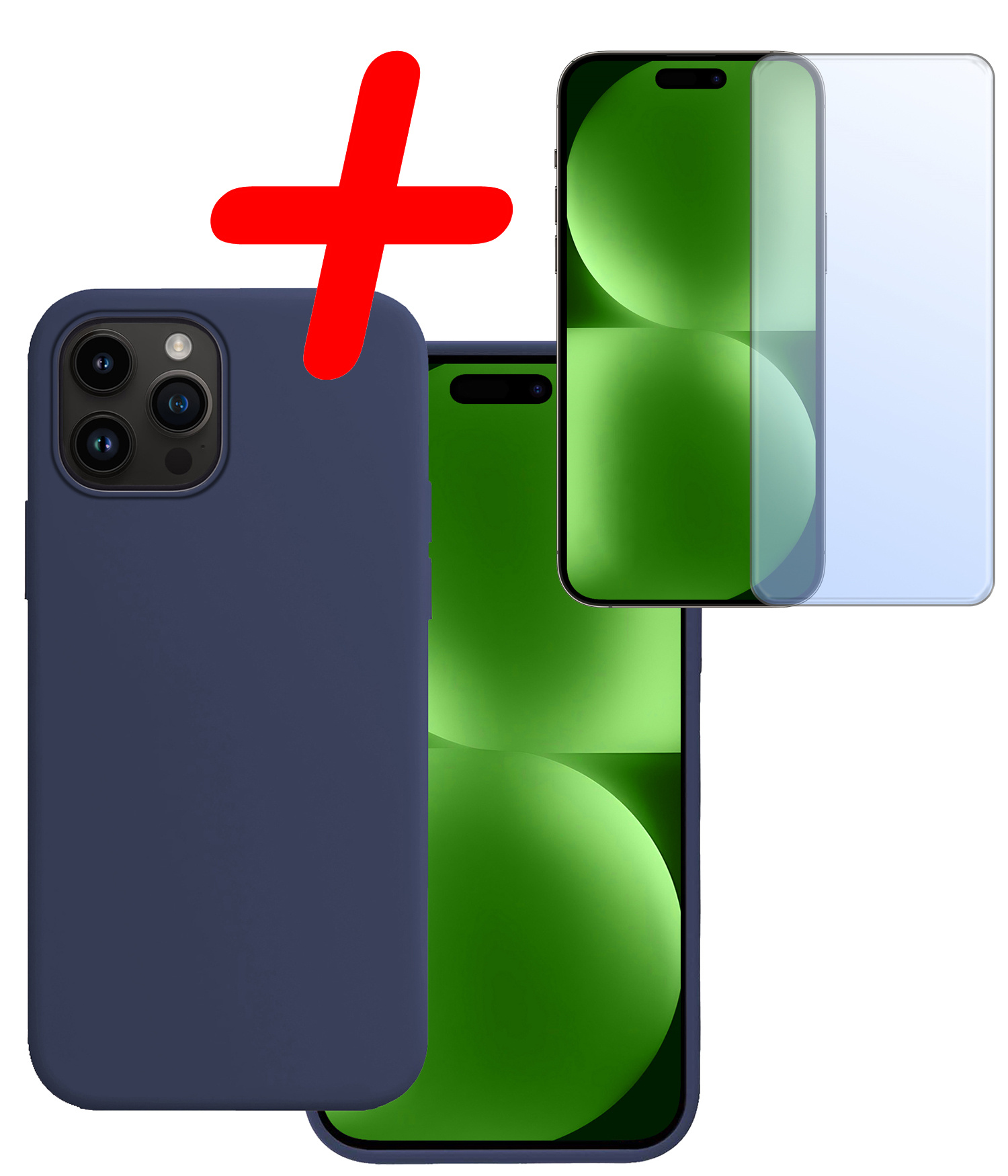 BASEY. Hoes Geschikt voor iPhone 15 Pro Max Hoesje Siliconen Back Cover Case Met Screenprotector - Hoesje Geschikt voor iPhone 15 Pro Max Hoes Cover Hoesje - Donkerblauw