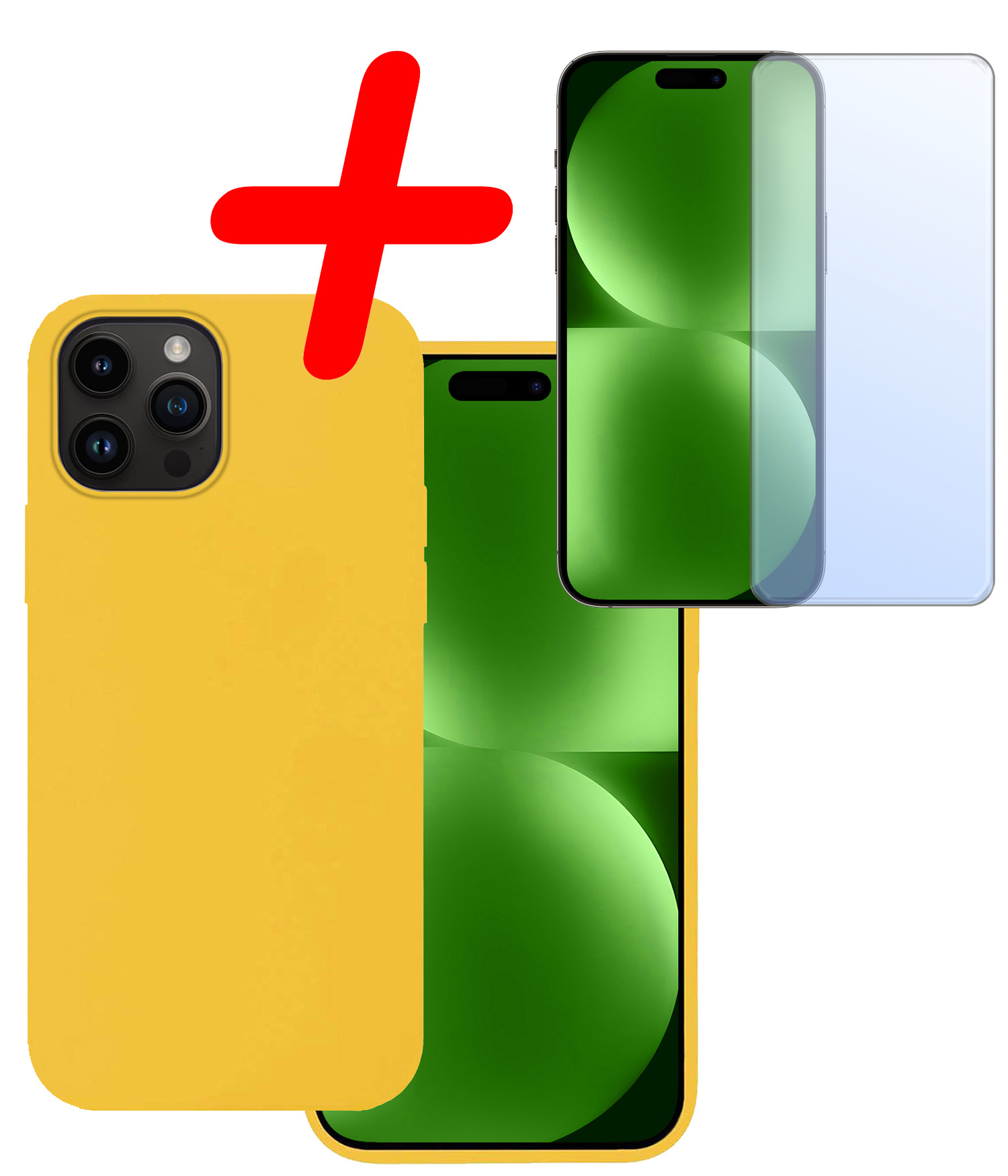 BASEY. Hoes Geschikt voor iPhone 15 Pro Hoesje Siliconen Back Cover Case Met Screenprotector - Hoesje Geschikt voor iPhone 15 Pro Hoes Cover Hoesje - Geel