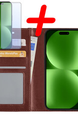 BASEY. Hoes Geschikt voor iPhone 15 Hoesje Bookcase Hoes Flip Case Book Cover Met Screenprotector - Hoesje Geschikt voor iPhone 15 Hoes Book Case Hoesje - Bruin