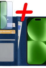 BASEY. Hoes Geschikt voor iPhone 15 Hoesje Bookcase Hoes Flip Case Book Cover Met Screenprotector - Hoesje Geschikt voor iPhone 15 Hoes Book Case Hoesje - Donkerblauw