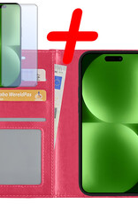 BASEY. Hoes Geschikt voor iPhone 15 Hoesje Bookcase Hoes Flip Case Book Cover Met Screenprotector - Hoesje Geschikt voor iPhone 15 Hoes Book Case Hoesje - Donkerroze