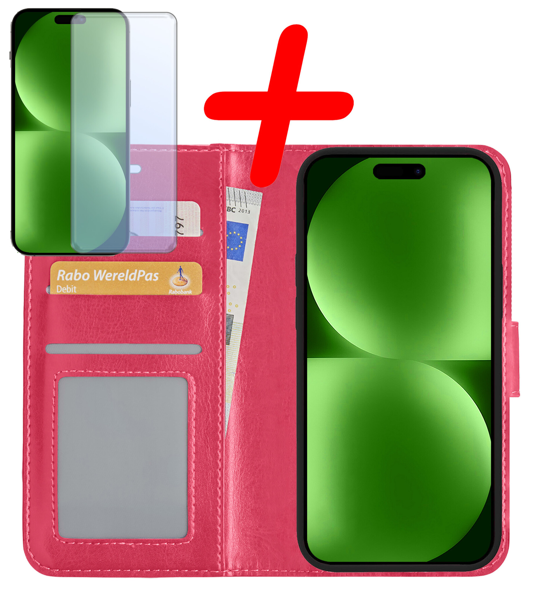 BASEY. Hoes Geschikt voor iPhone 15 Hoesje Bookcase Hoes Flip Case Book Cover Met Screenprotector - Hoesje Geschikt voor iPhone 15 Hoes Book Case Hoesje - Donkerroze